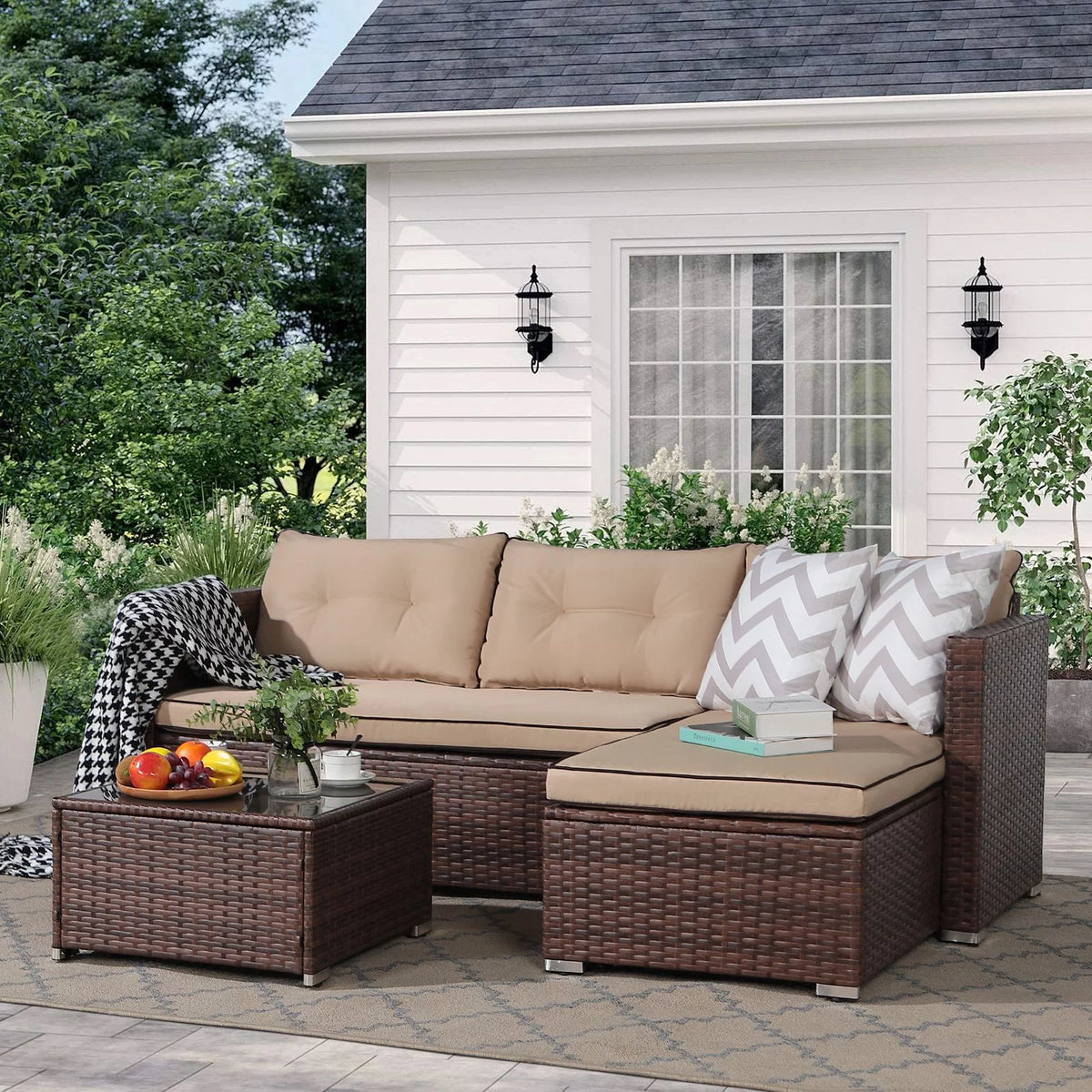 5-Piece Grey Rattan Outdoor Sectional Sofa Set with Glass Coffee Table Q946704