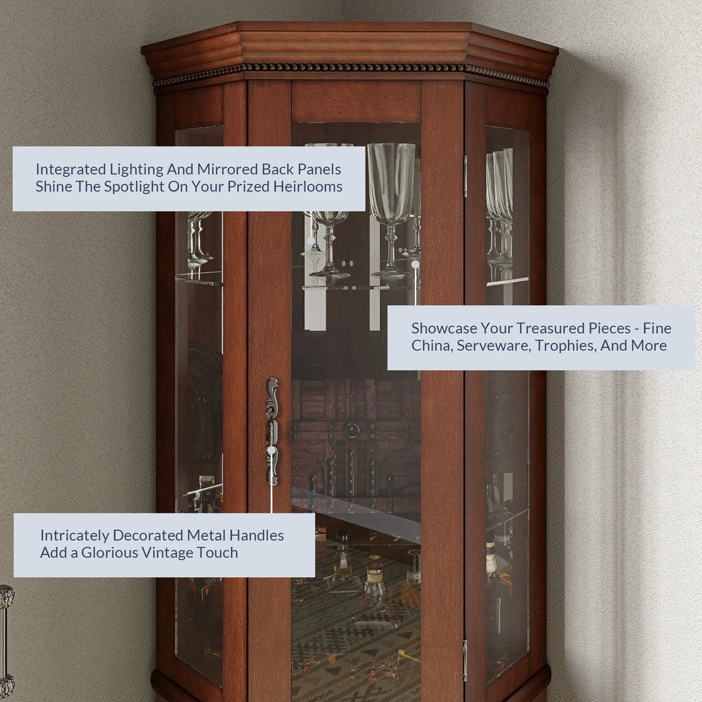 Walnut 5 Sided Lighted Corner Curio Cabinet X114